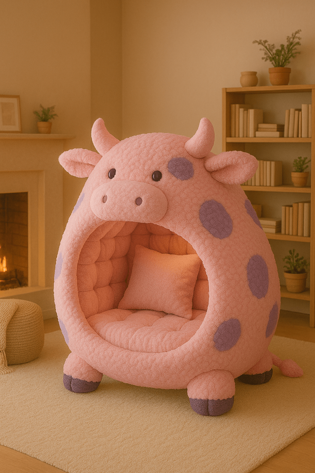 A pink cow-shaped lounge pod with purple spots and matching cushion, ideal for a playful and pastel-themed room.
