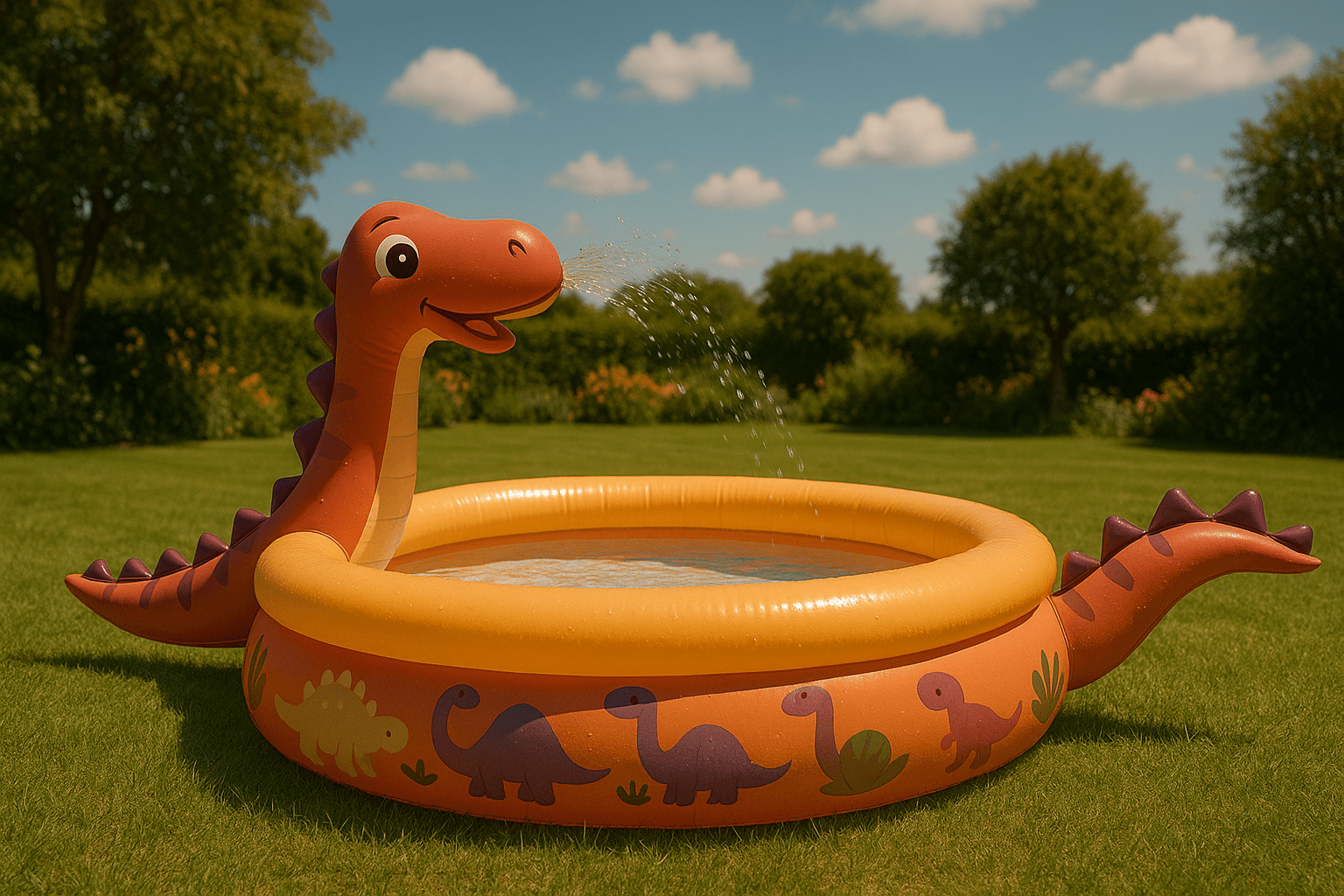 Inflatable orange dinosaur splash pool with a sprinkler in a sunny garden setting.