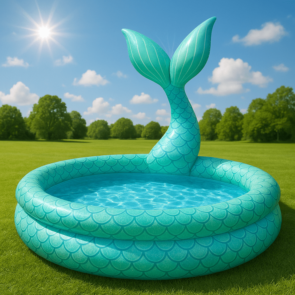 Vibrant aqua blue inflatable mermaid tail splash pool outdoors on a bright day.