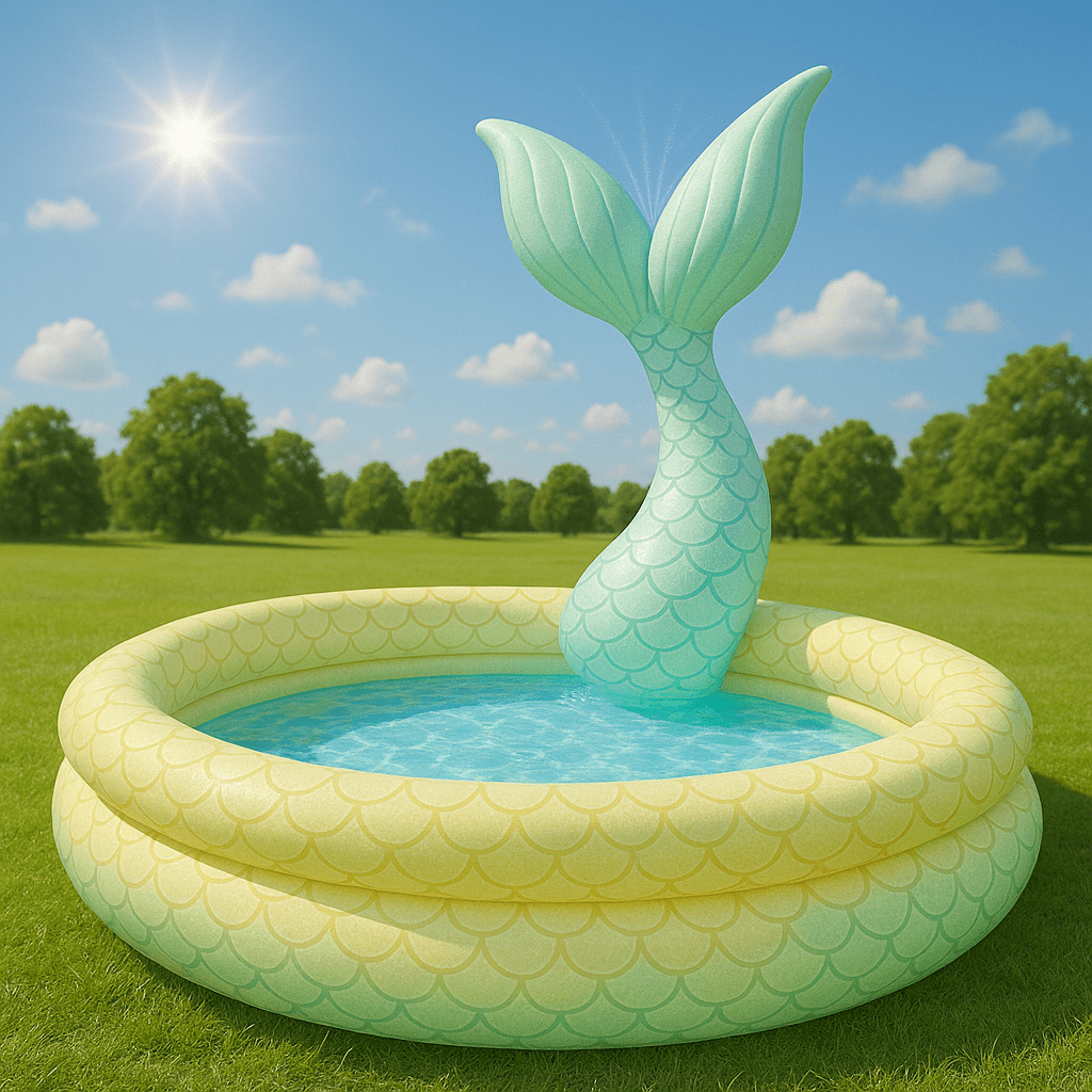 Pastel lemon and mint green inflatable mermaid tail splash pool in a sunny park.