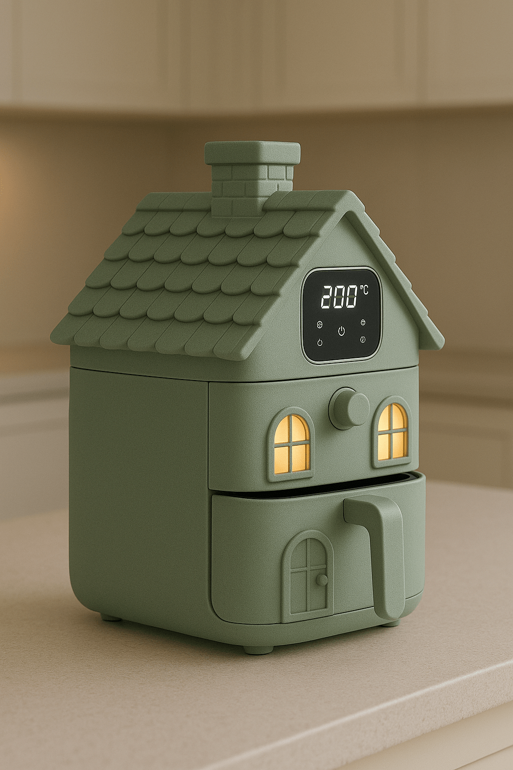 A sage green air fryer designed like a miniature house with a chimney and glowing windows, placed on a kitchen counter.