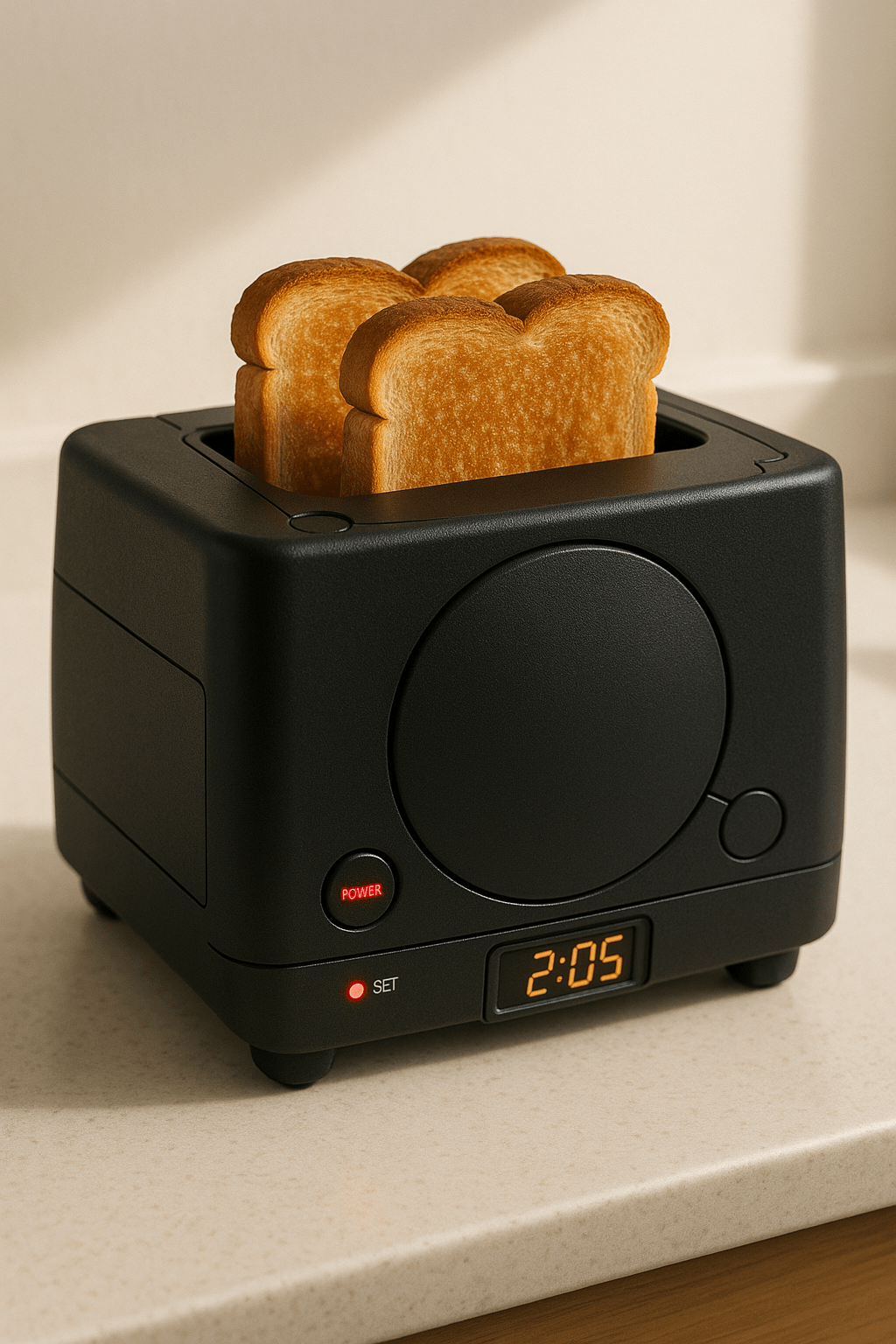  Sleek black toaster designed to look like a retro gaming console with toast inside