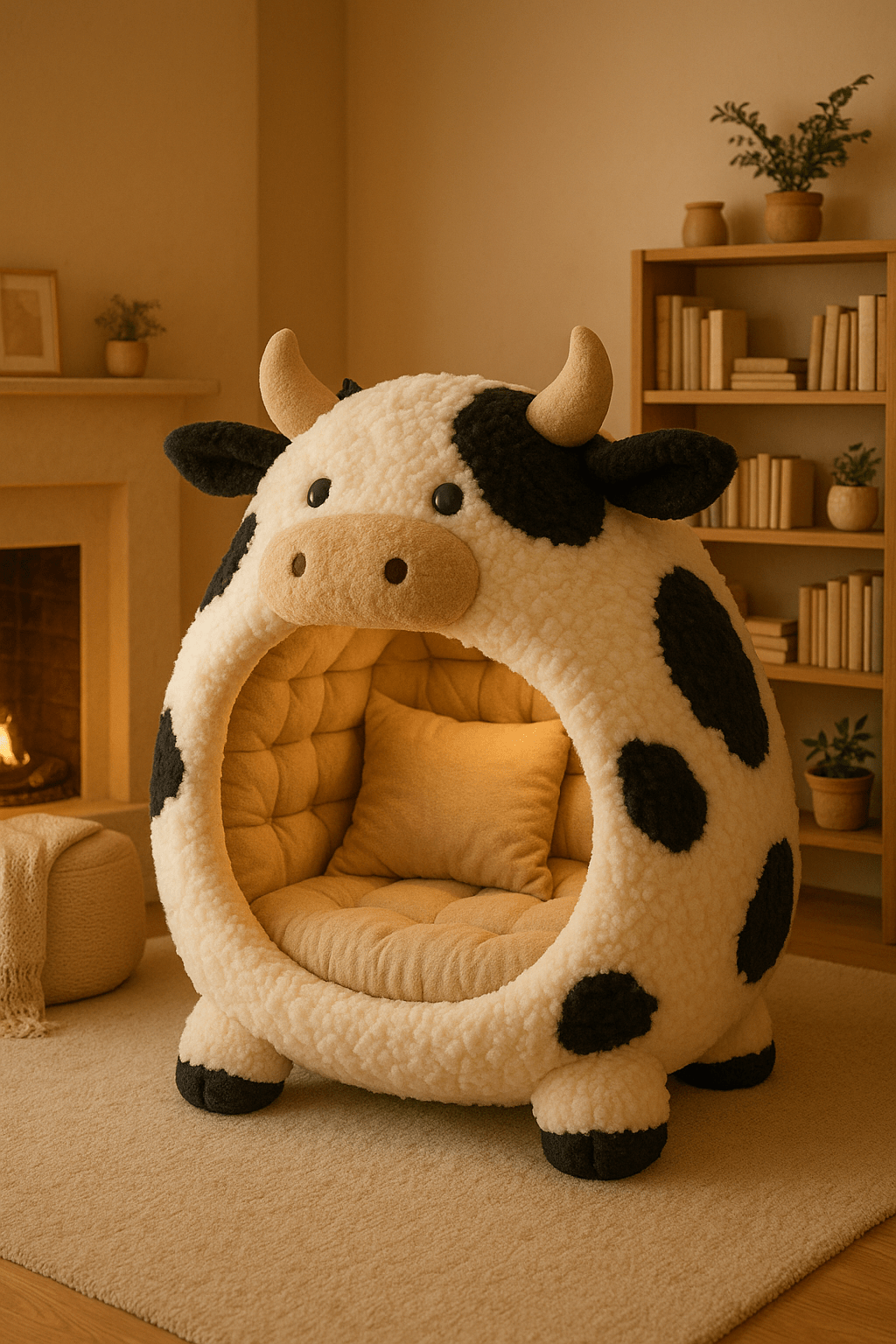 Plush lounge chair shaped like a black and white cow, complete with horns and a soft interior cushion.
