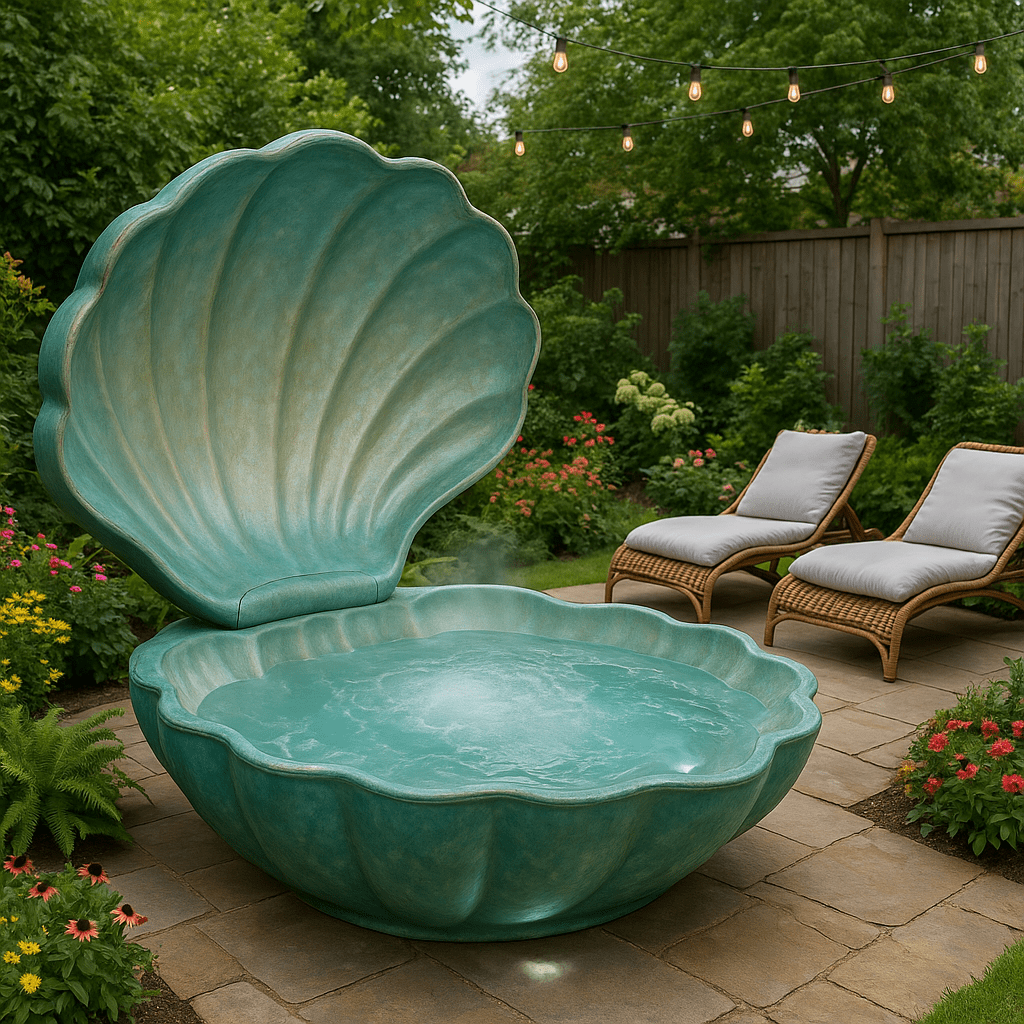 Teal seashell-shaped hot tub in a garden with rattan loungers and blooming flowers.