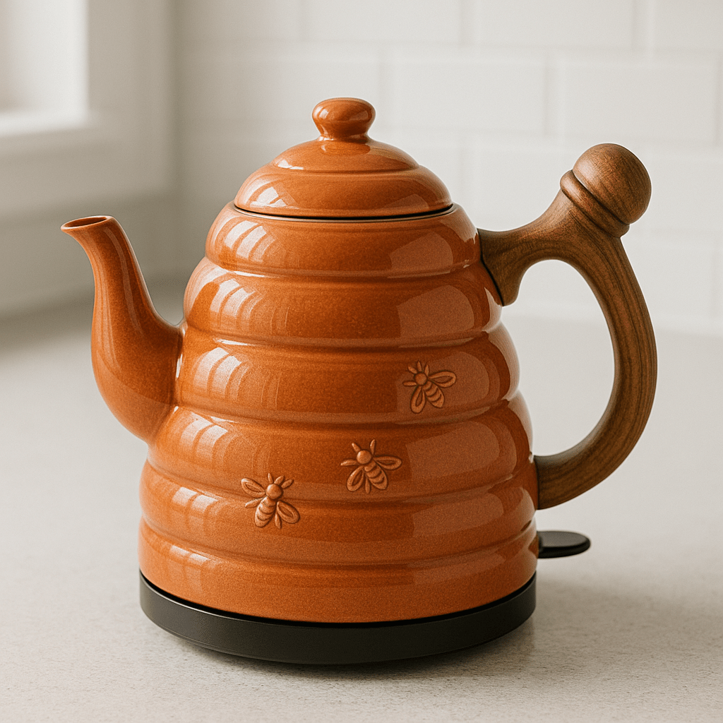 A terracotta-coloured novelty electric kettle shaped like a beehive with embossed bees and a wooden-style handle.