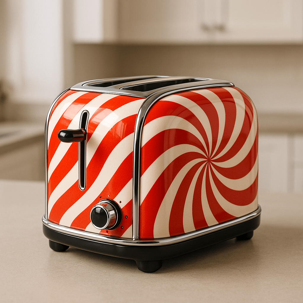 A peppermint red and cream retro toaster with a swirl pattern sitting on a kitchen worktop.