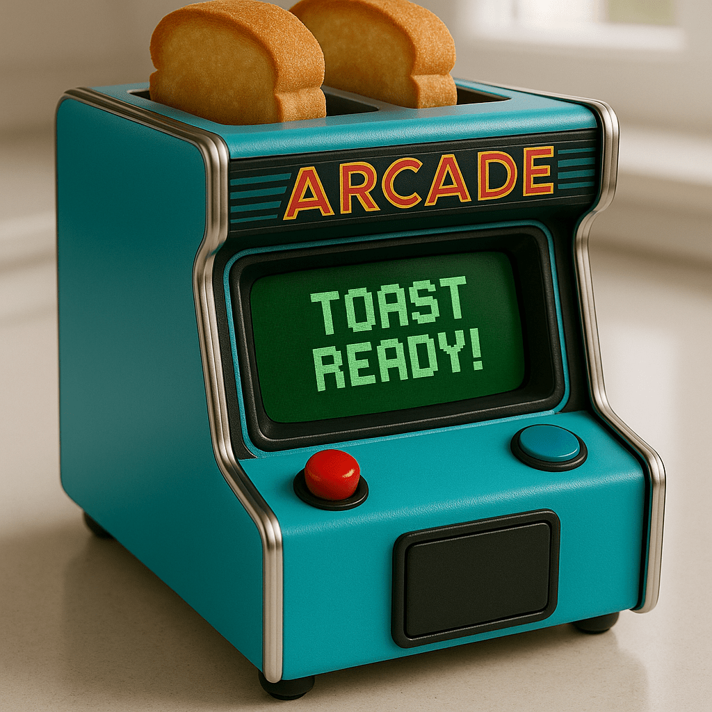 Blue retro arcade-themed toaster with red joystick and toast slots on kitchen surface.