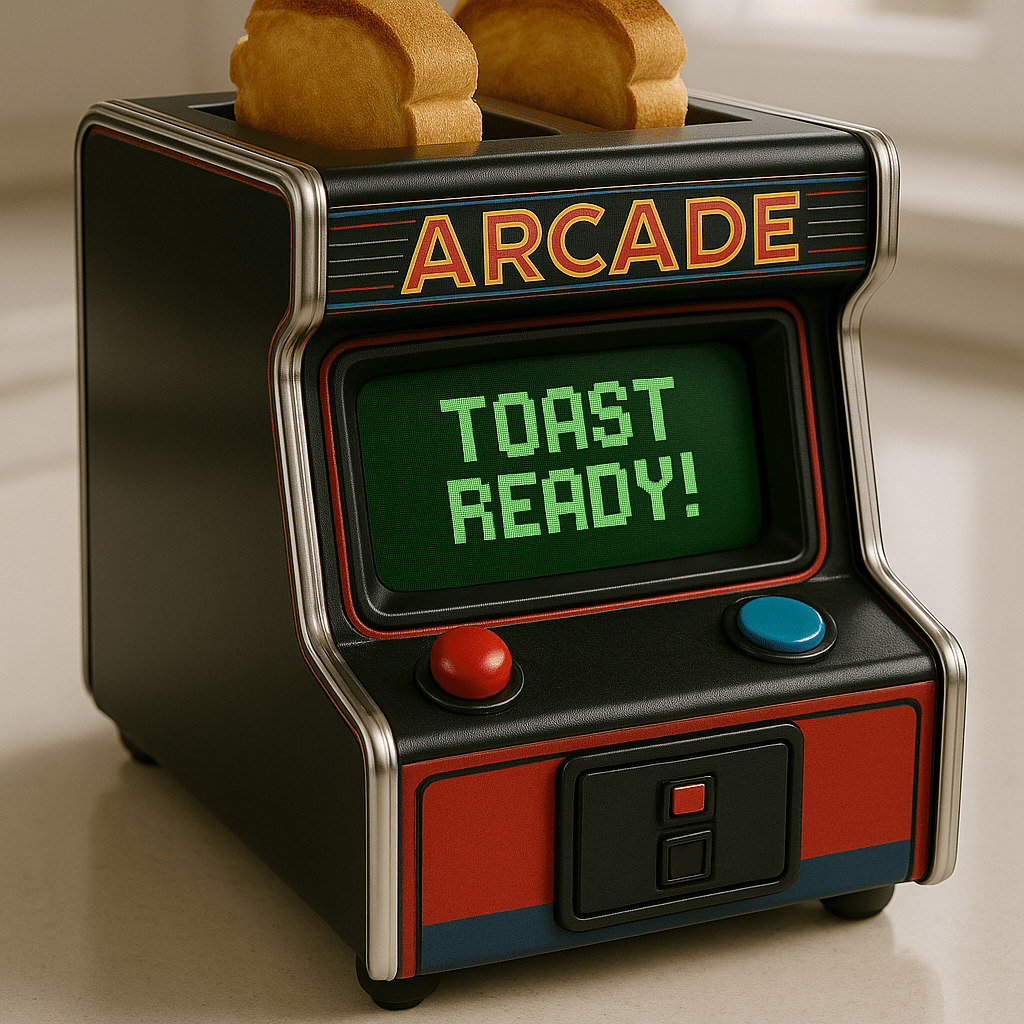 Black arcade machine toaster with colourful buttons and screen showing "TOAST READY!"