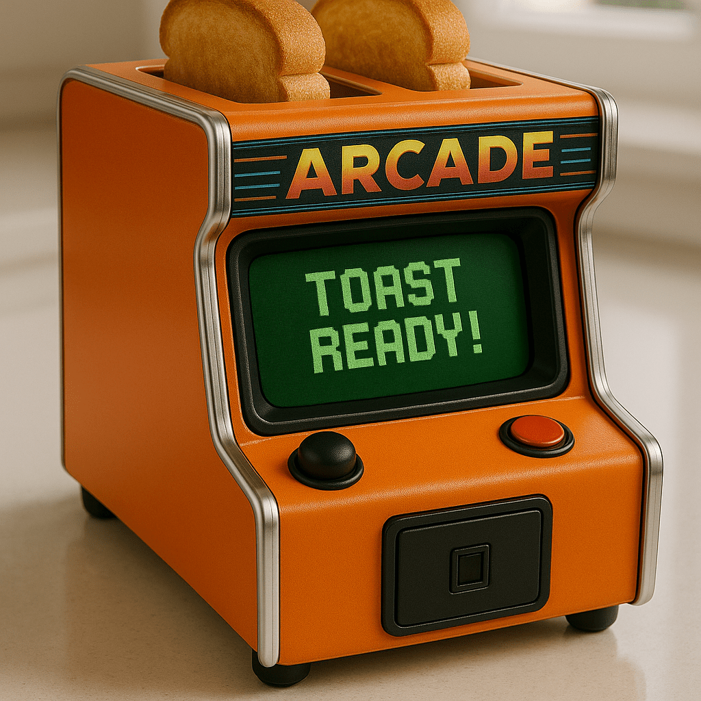 Vibrant orange retro arcade-style toaster with toast and pixel display reading "TOAST READY!"