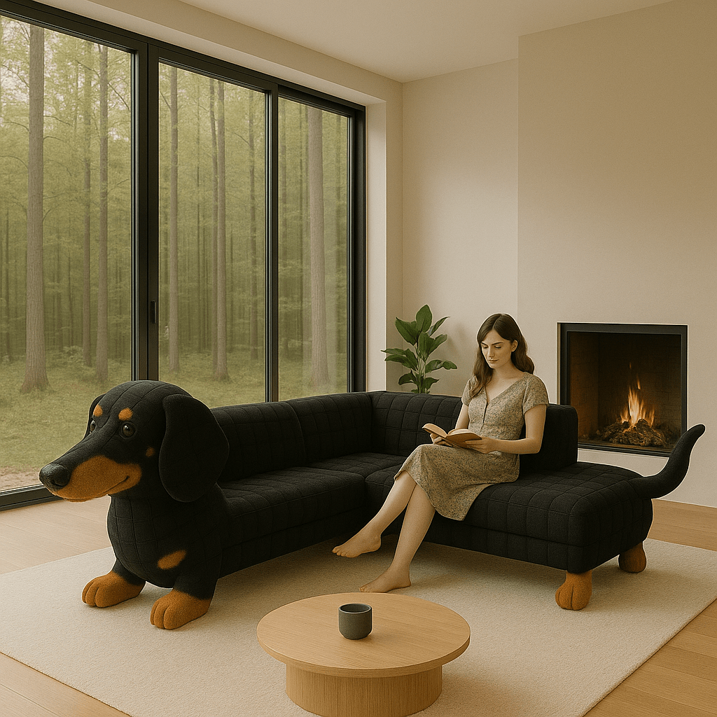 Black dog-shaped sofa with tan paws and a woman reading by the fireplace