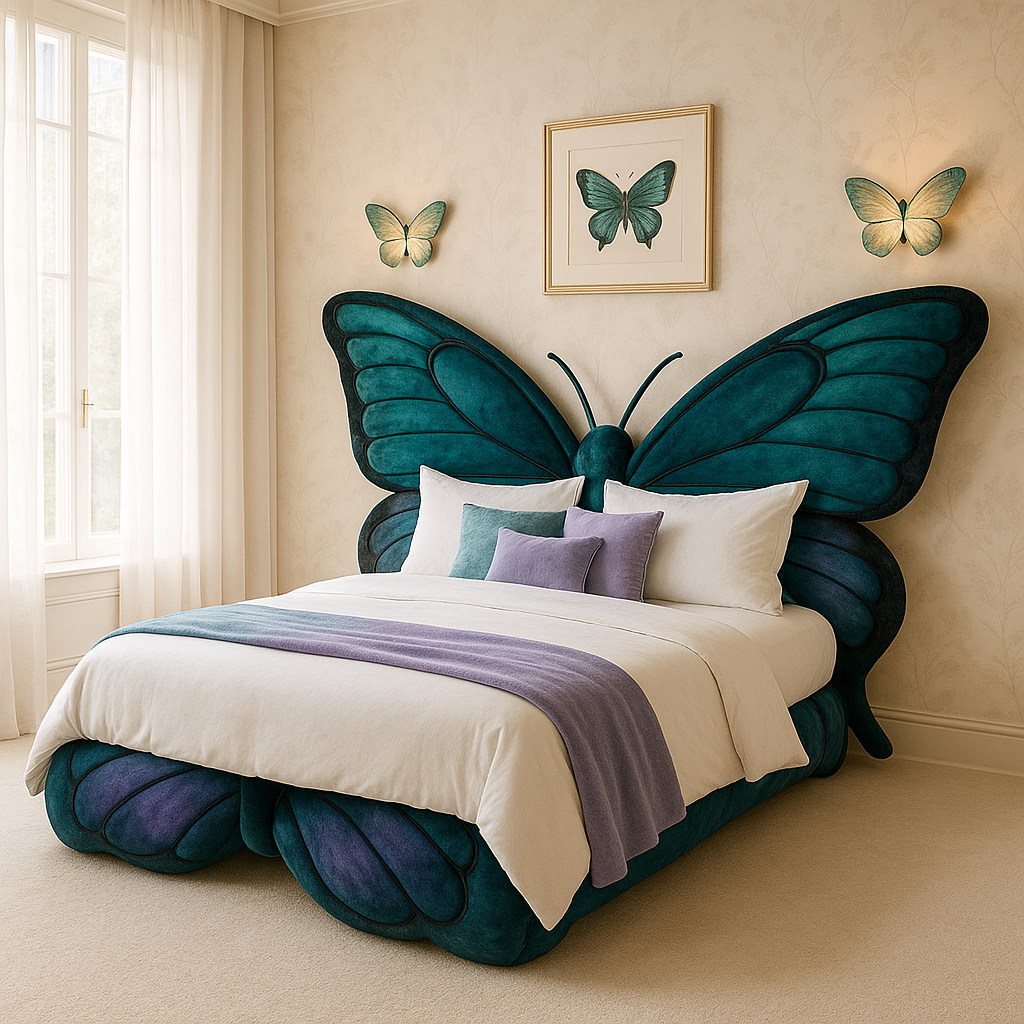 Luxurious teal butterfly-shaped bed with purple accents and white bedding in a serene bedroom