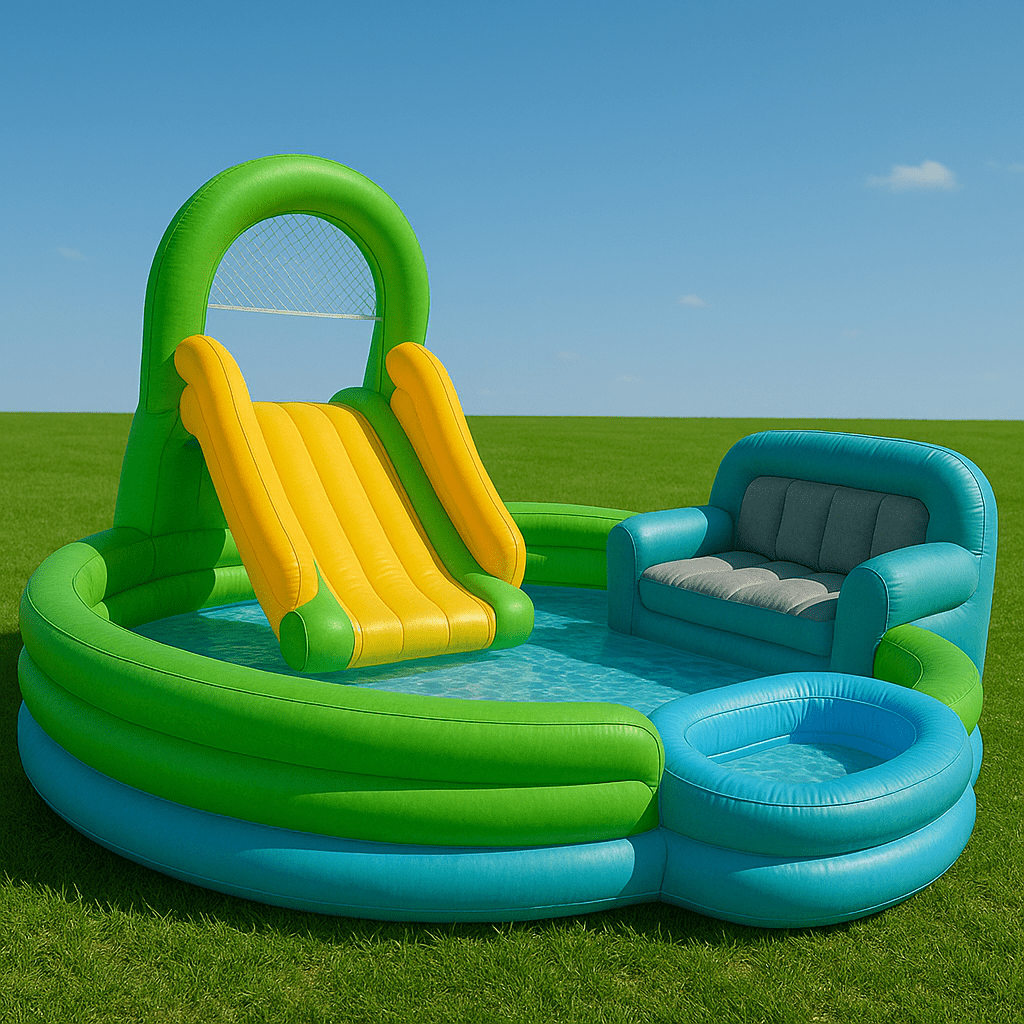 Green and yellow inflatable pool sofa with slide and aqua accents in grassy outdoor setting