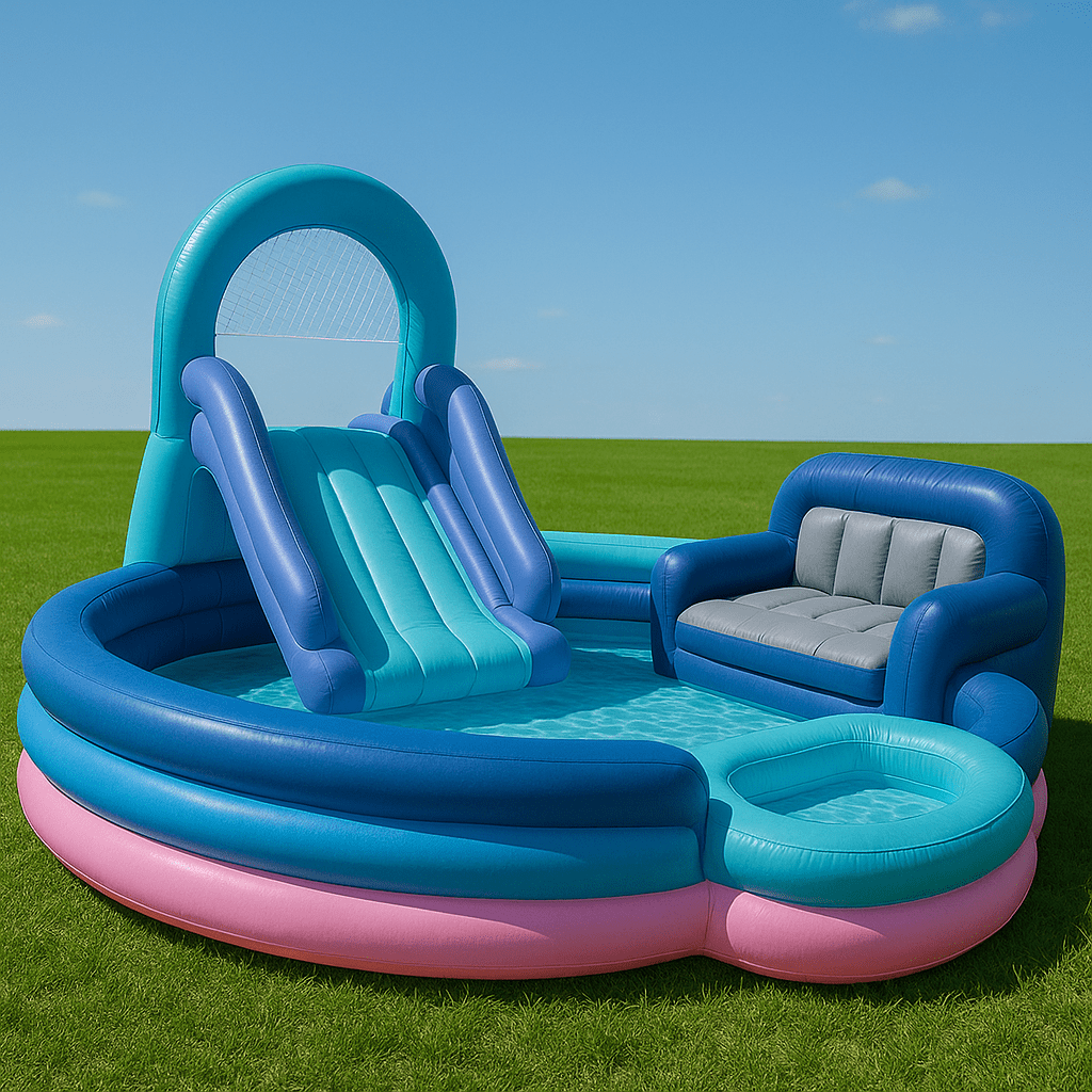 Inflatable pool sofa in blue and pink with water slide and built-in seating