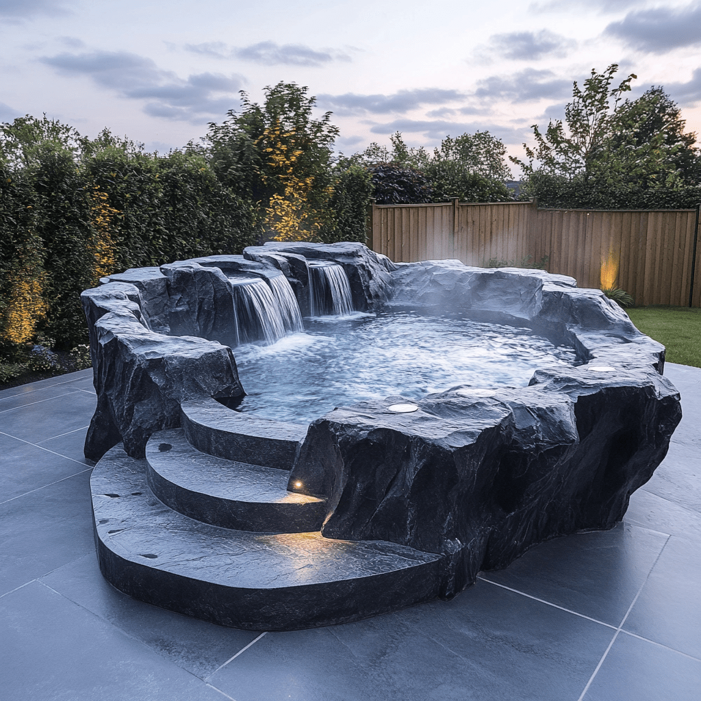 Sculptural rock-effect hot tub featuring multi-level waterfalls and misting effect in a private landscaped garden.