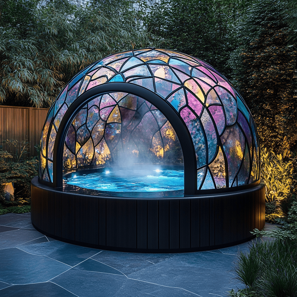 Contemporary stained glass spa pod featuring a mosaic design in a private landscaped garden.