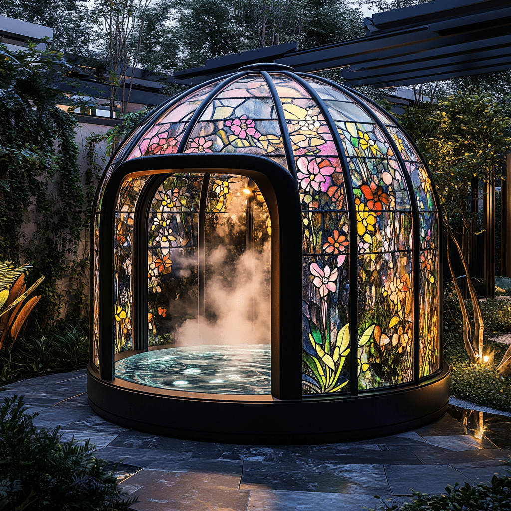 Tall stained glass spa pod framed by tropical plants and evening lighting.
