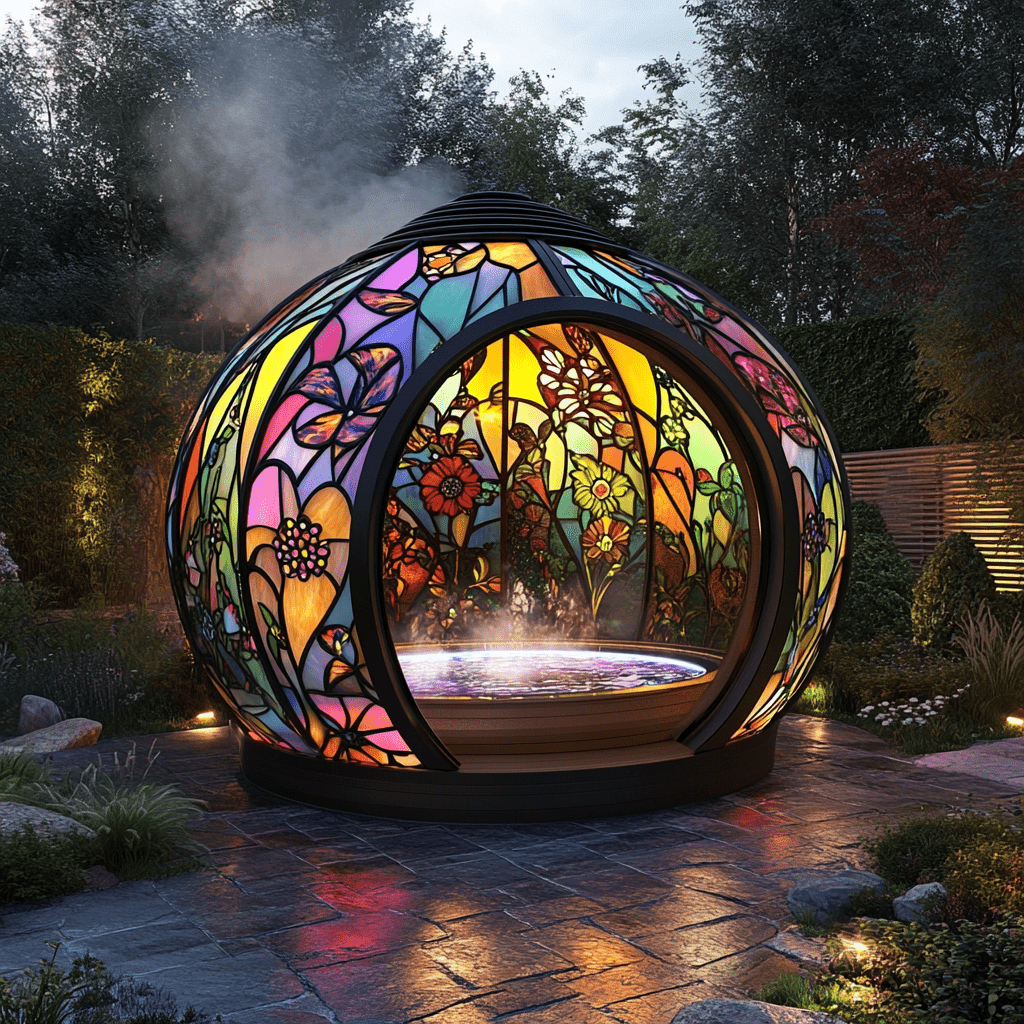 Vibrant floral-themed stained glass spa pod glowing in a serene outdoor garden