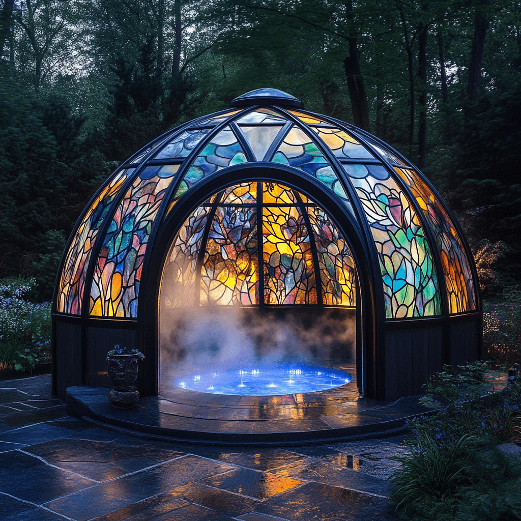 Colourful stained glass spa dome illuminated with internal lighting surrounded by woodland garden