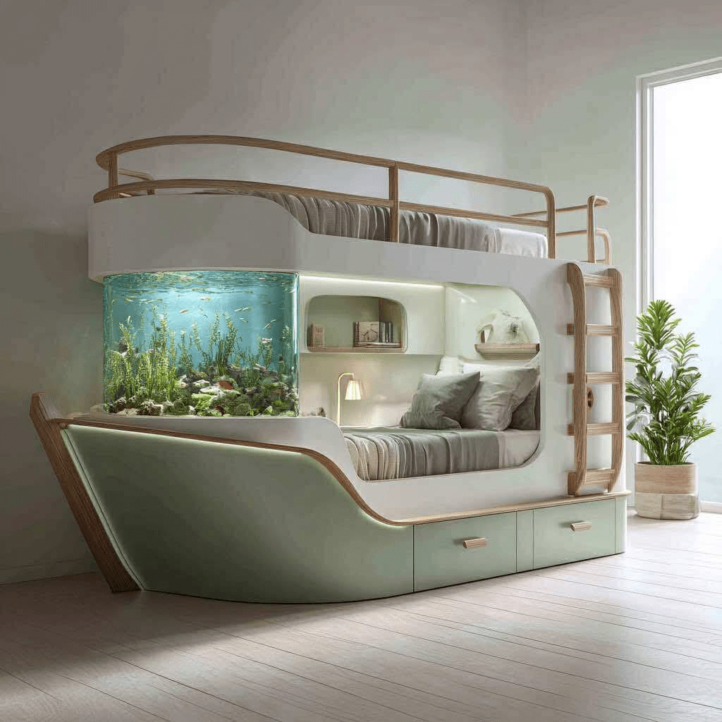 Soft mint green and white sailing-themed bunk bed with wooden accents and a built-in front aquarium.