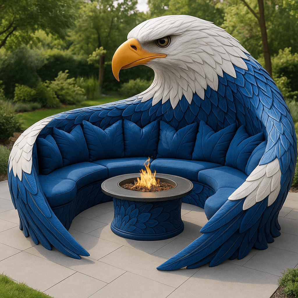 Blue eagle-shaped garden sofa with white feather accents and fire pit, positioned on a stone patio.