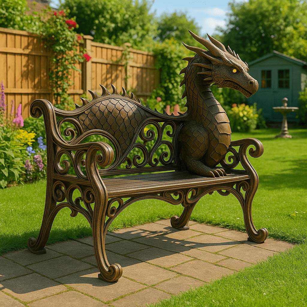 Bronze dragon-shaped garden bench in a landscaped lawn with flowers and wooden fence