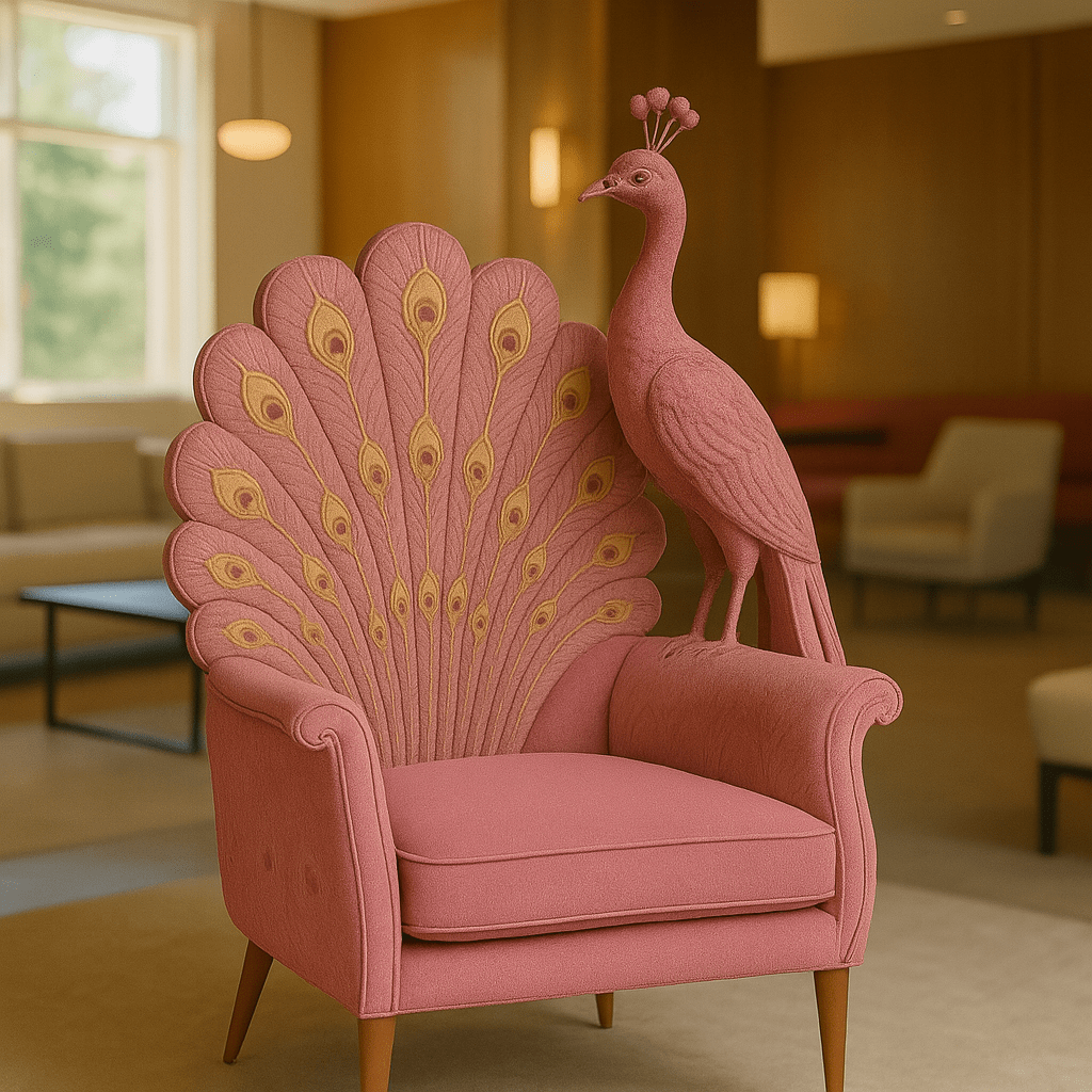 Soft pink peacock armchair with golden feather eyes and a perched pink peacock sculpture on the arm.