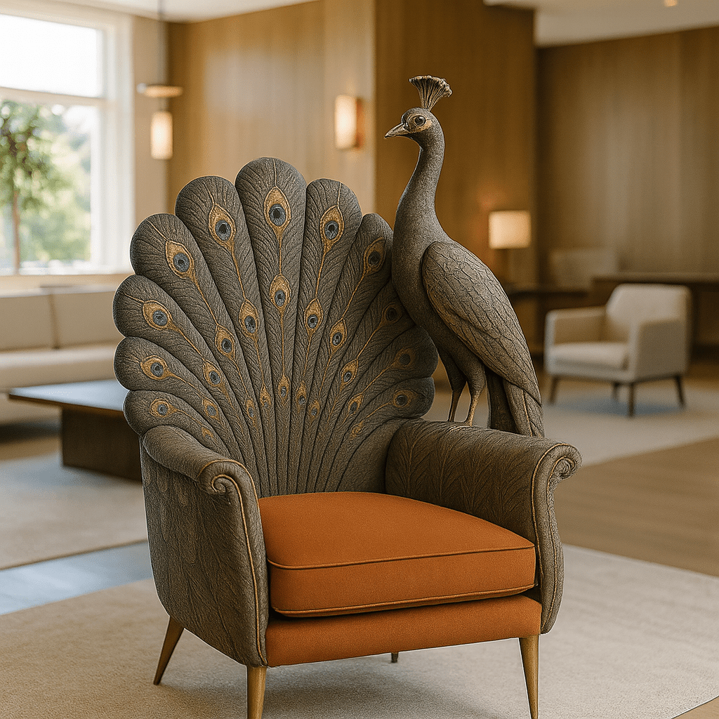Charcoal grey peacock armchair with copper and blue feather embroidery and a matching perched peacock sculpture.