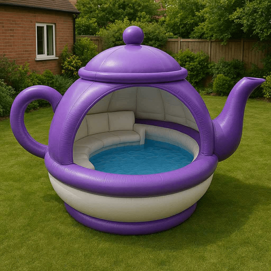  Purple teapot-shaped inflatable paddling pool with cream cushioned seating in a lush garden.