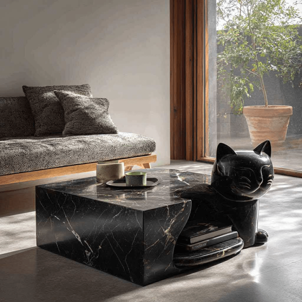 Black cat-shaped marble coffee table with gold veining and storage nook in a sunlit living room