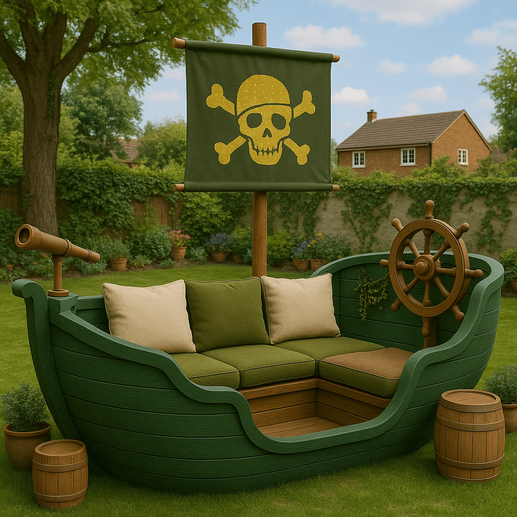  Green pirate ship-shaped garden sofa with beige cushions and skull flag in a suburban back garden