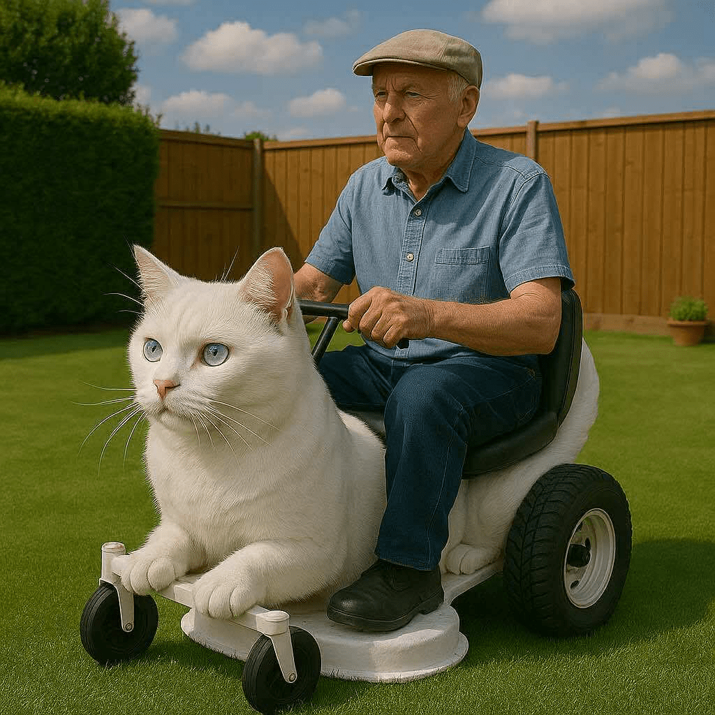 Elderly man riding a white cat lawn mower with blue eyes across his backyard
