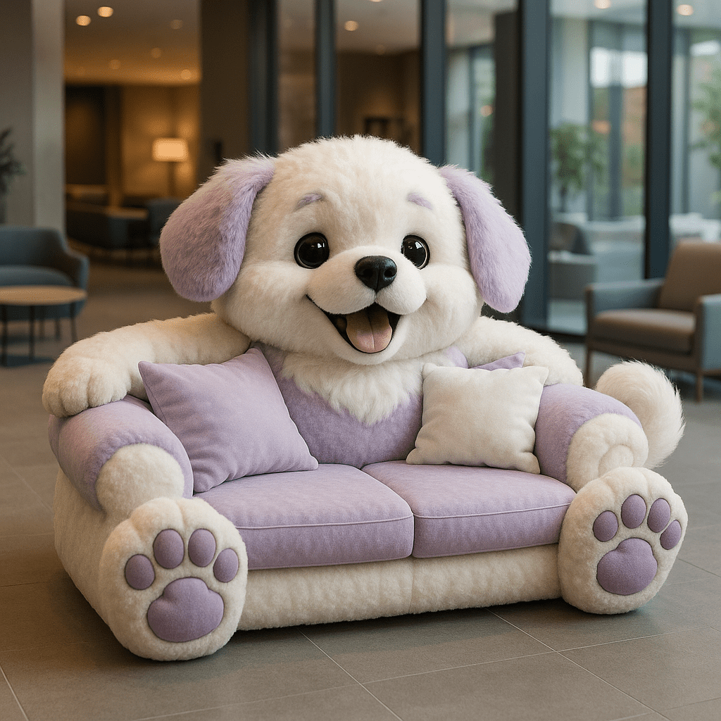 Oversized lilac and cream dog-themed sofa with plush cushions in open-plan setting