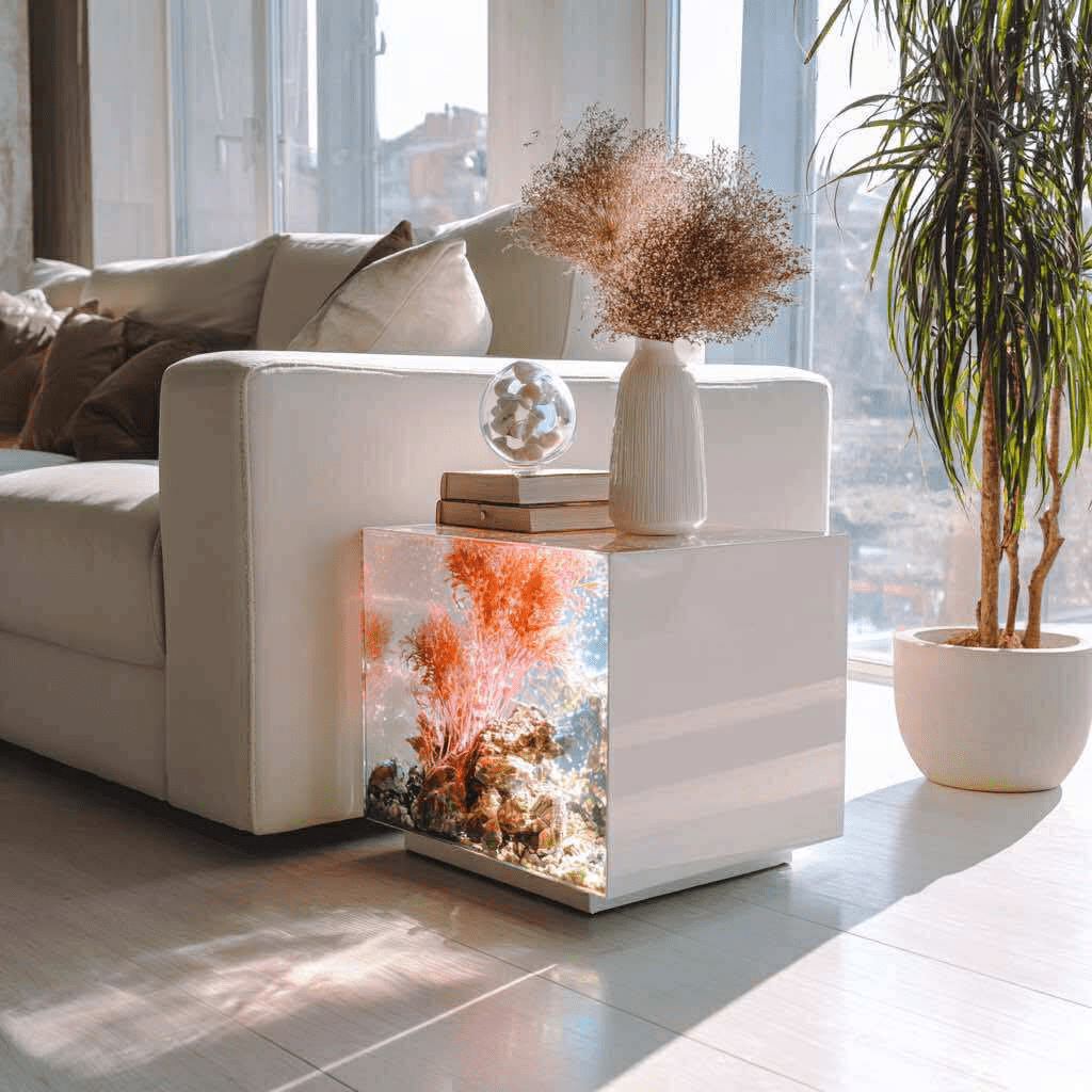 Illuminated coral-themed side table with vibrant red flowers beside a white sofa in a sunlit living room.
