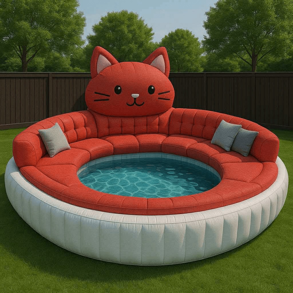 Red cat-shaped inflatable sofa pool with plush seating and a central paddling pool in a sunlit suburban garden.