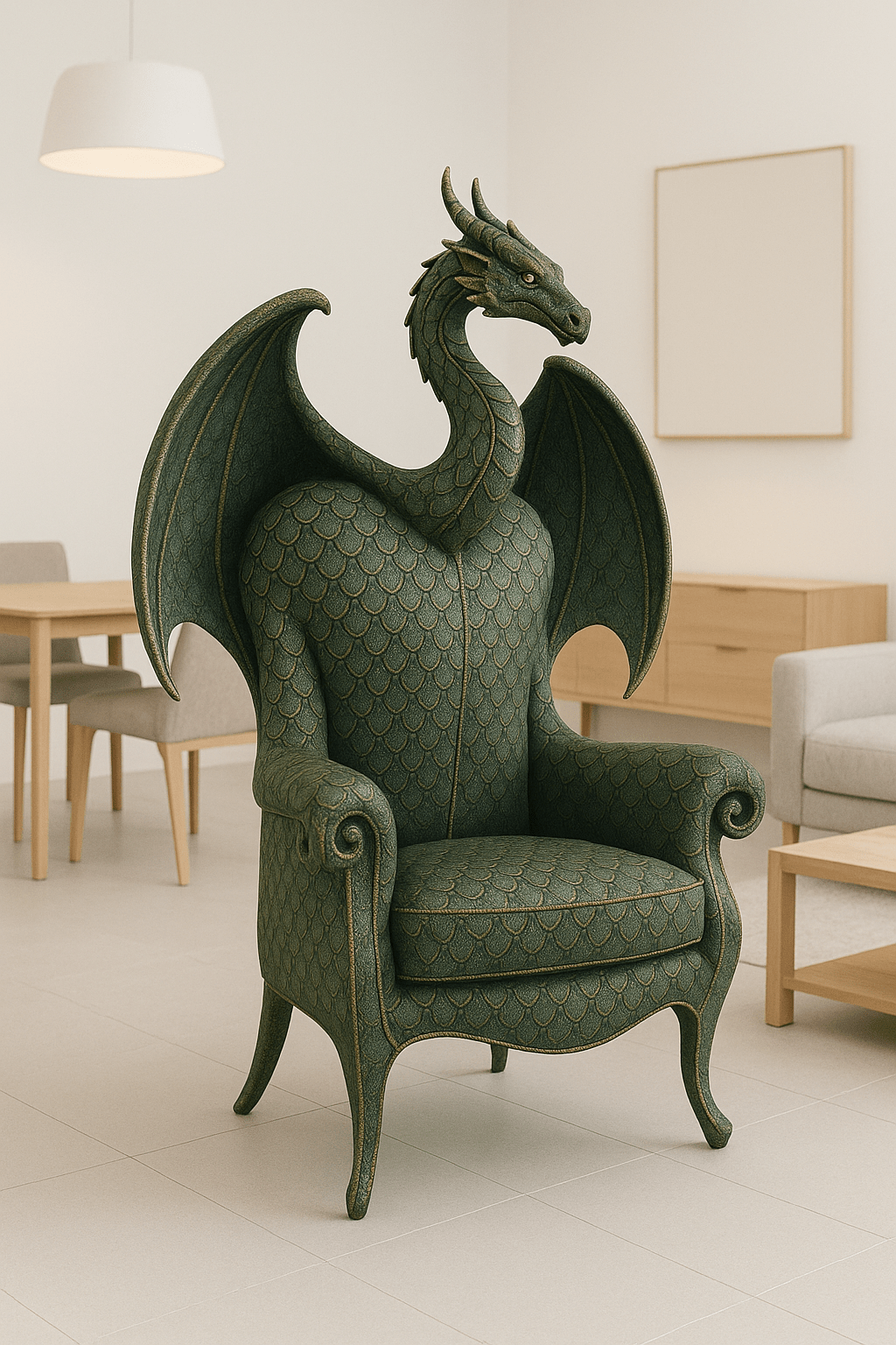 Emerald green dragon-shaped armchair with intricate scale design and sculpted wings in a bright, modern interior