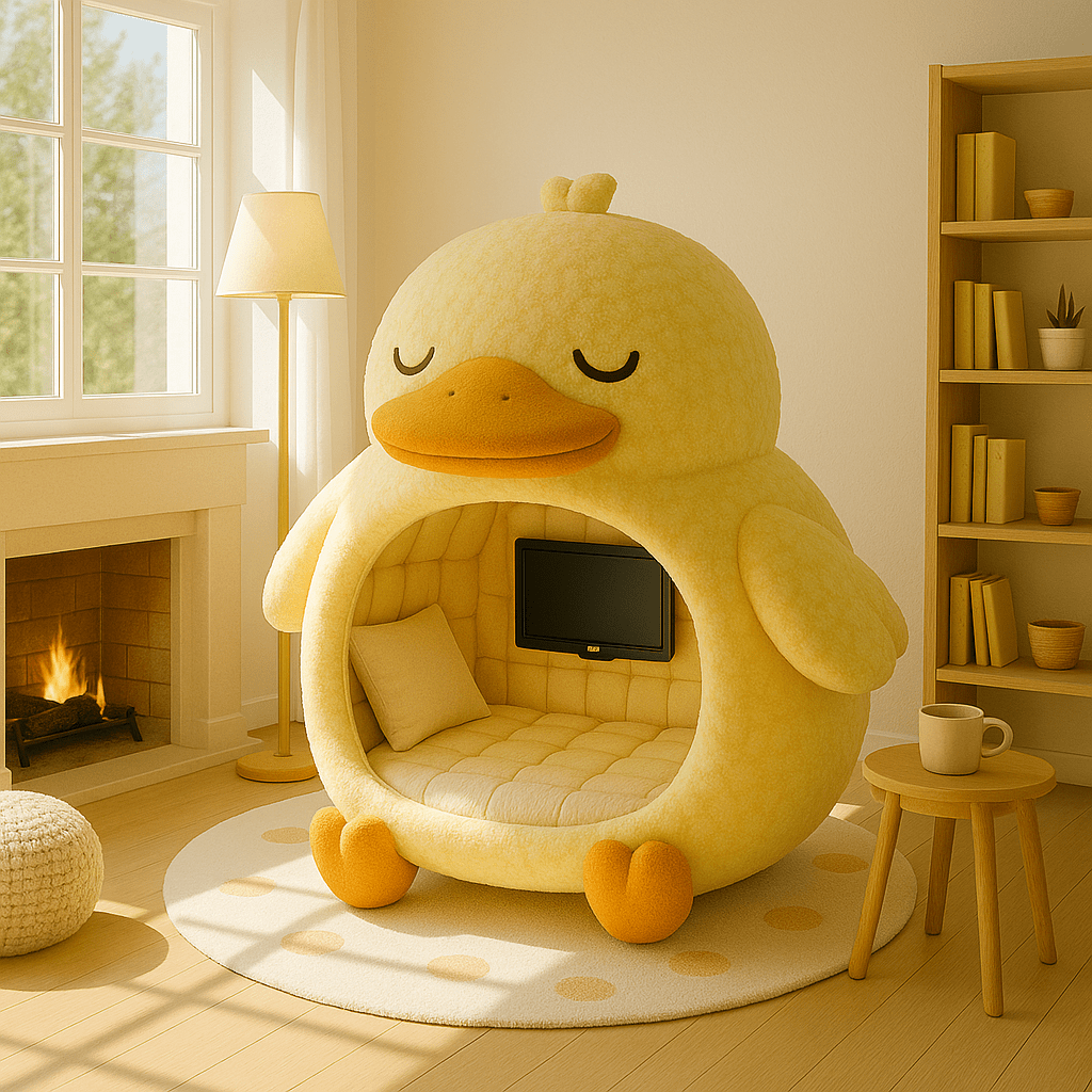 Bright yellow duck-shaped pod bed with flat-screen TV and tufted cushions in a cheerful room