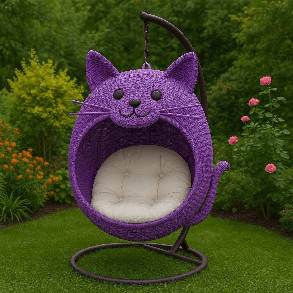 Bright purple cat-shaped garden egg chair with cream cushion placed on grass