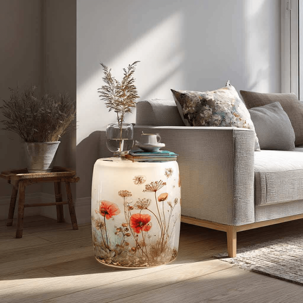Illuminated side table with red and white wildflowers beside a rustic grey sofa in a bright living space.