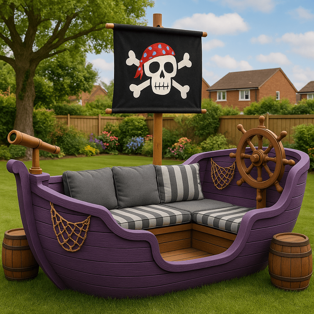Purple wooden pirate ship garden sofa with dark grey cushions and striped seat pads on green lawn