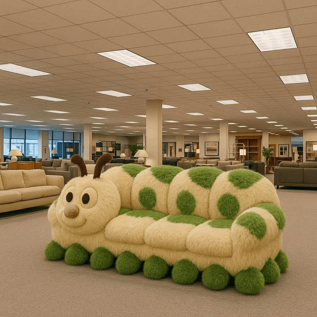 Playful caterpillar-shaped sofa in green and cream with grassy polka dots on display in a showroom