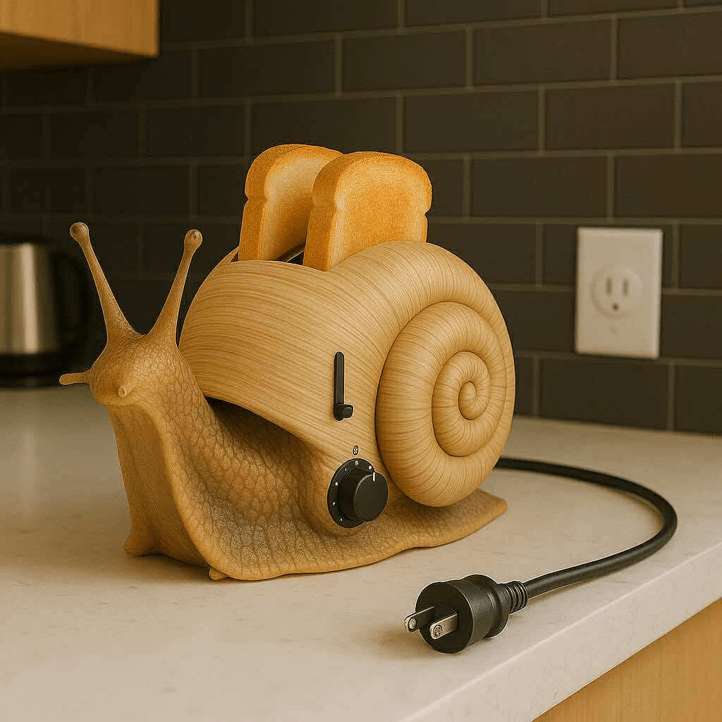 Bug Toasters: Realistic snail-shaped toaster with wooden shell design and slices of toast