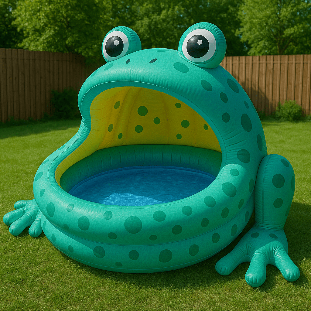 Teal inflatable frog-shaped paddling pool with green spots in a garden setting.