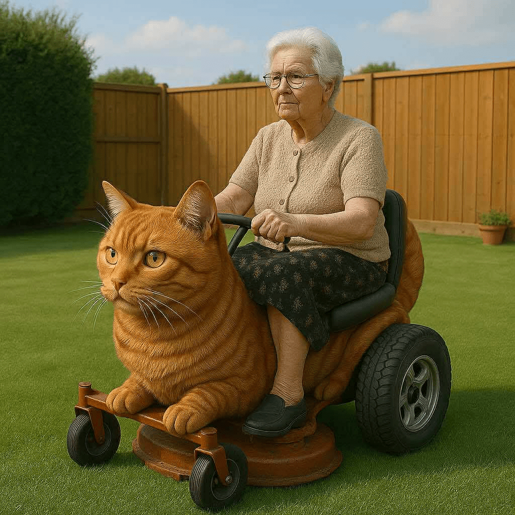 Elderly woman using a giant orange cat lawn mower on a sunny green lawn