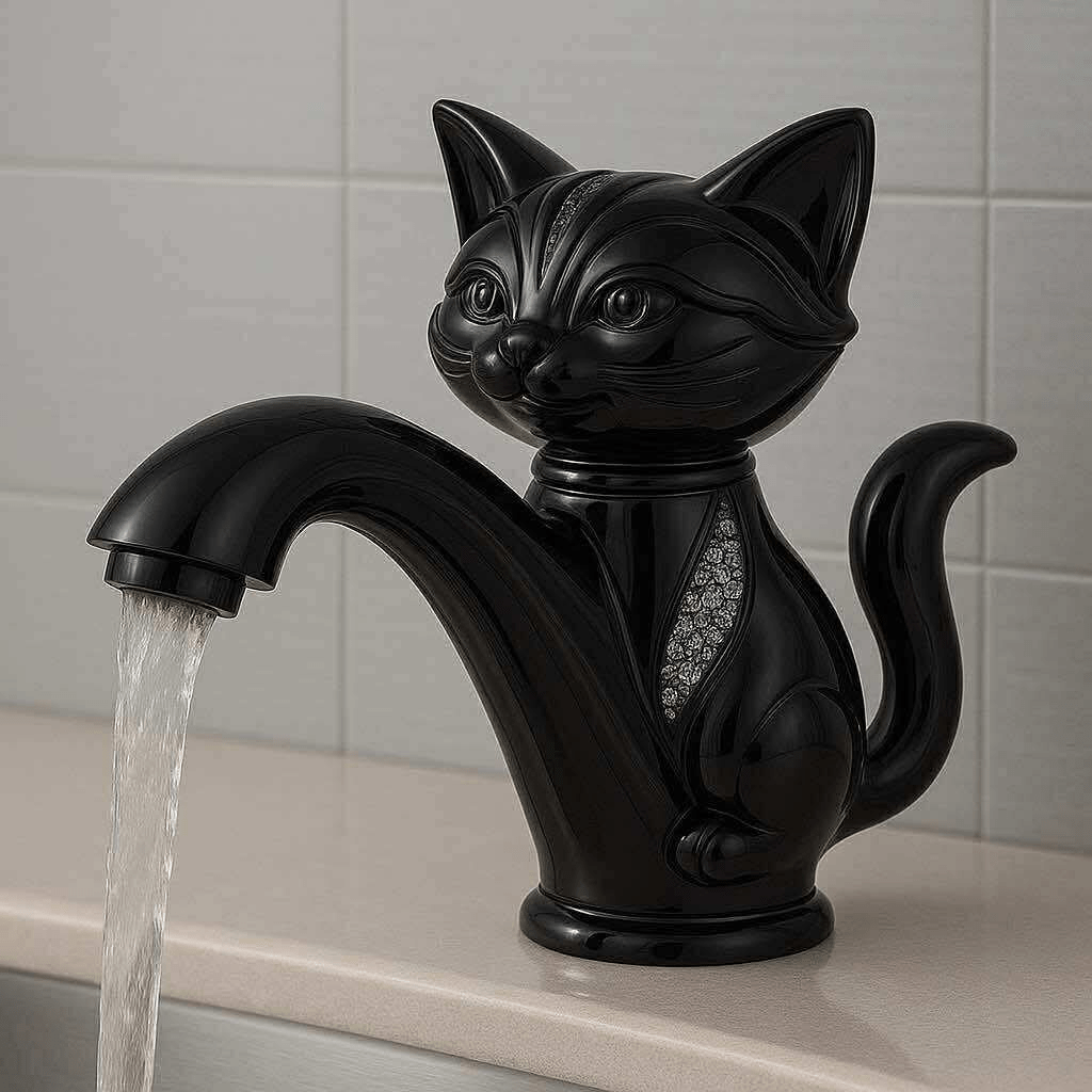 Matte black cat-shaped sink tap with rhinestone embellishment, water flowing in a modern bathroom