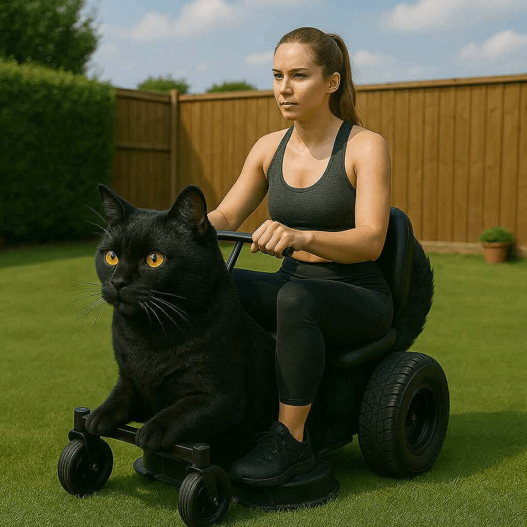 Woman in activewear using a black cat-shaped lawn mower on fresh green grass