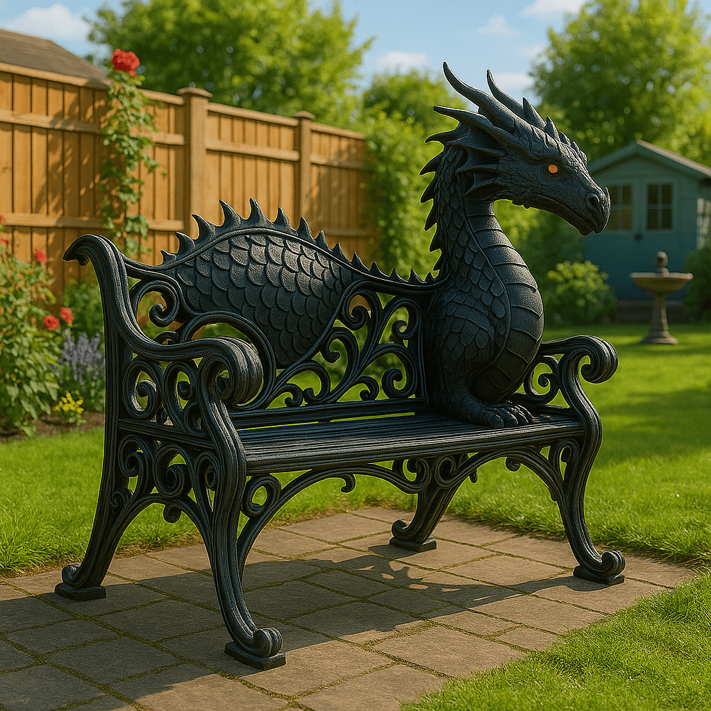 Elegant black dragon bench in a garden, ideal for gothic or fantasy-inspired outdoor decor