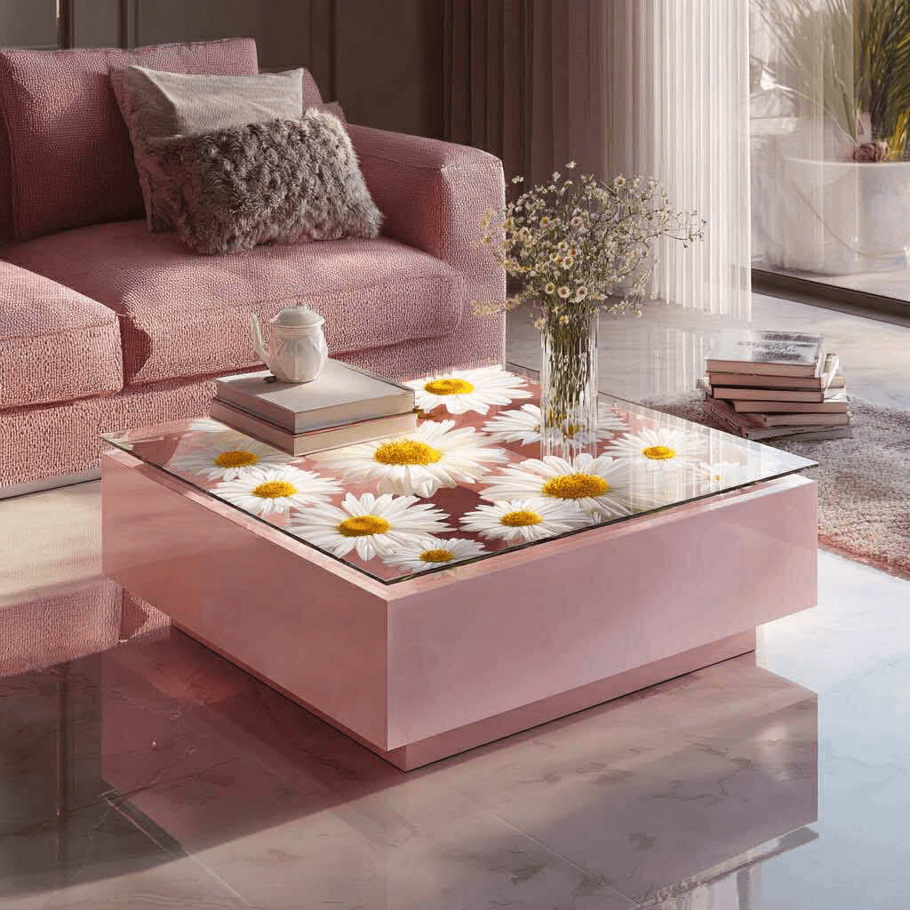  Soft pink coffee table with large daisies beneath glass in a bright feminine lounge