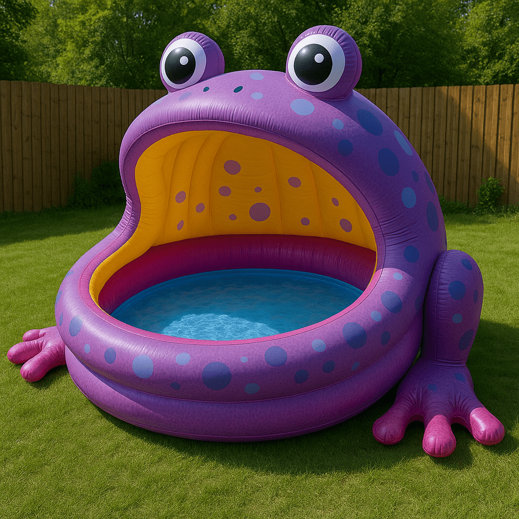 Purple inflatable frog-shaped paddling pool with dark purple spots on green grass.
