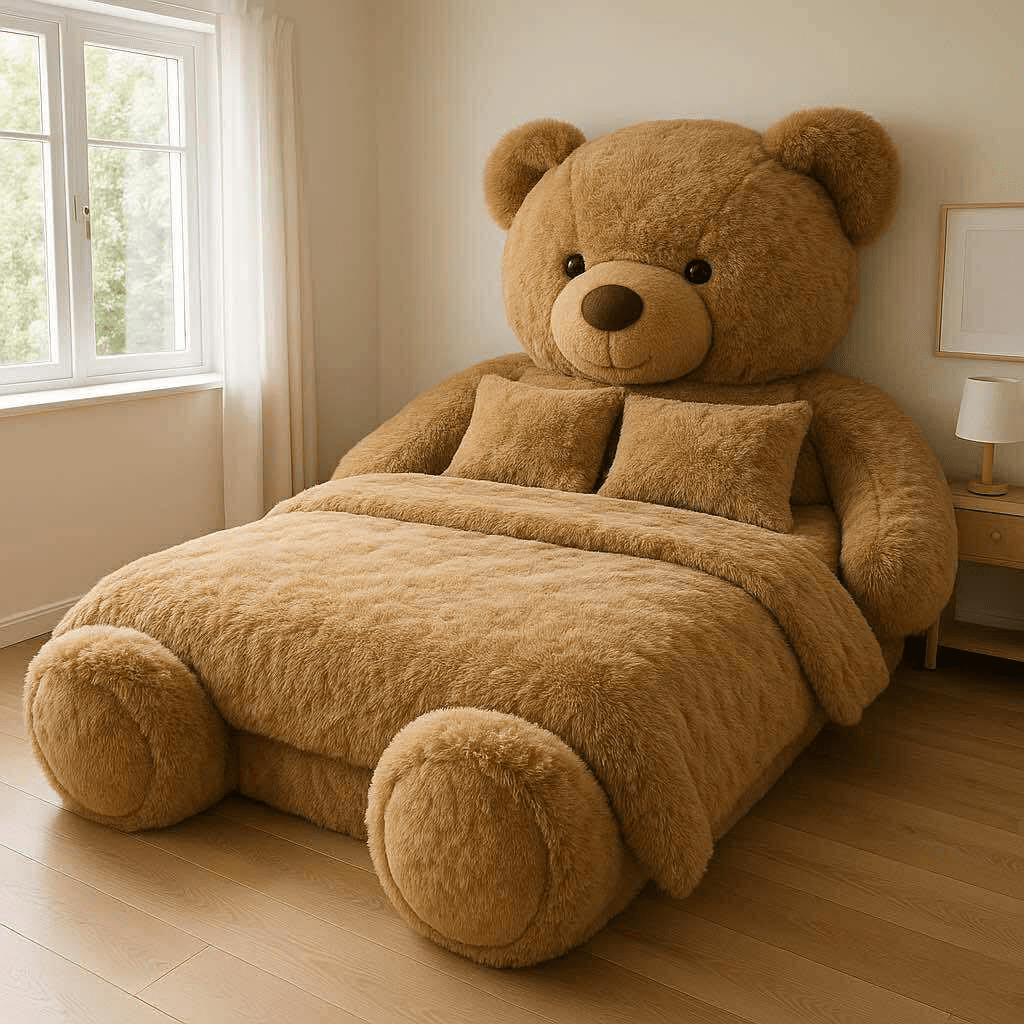 Plush honey brown teddy bear-shaped bed styled in a warm neutral room with a bedside table and white curtains.