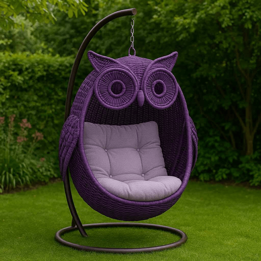 Cosy purple owl hanging chair with round eyes and padded cushion on green lawn